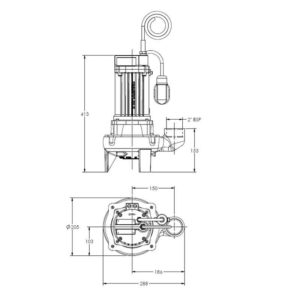 dimensiones Bomba Vortex 1,2kW. Salida 2” con boya (GB-CV12-DMs-A) aguas residuales ecobioebro